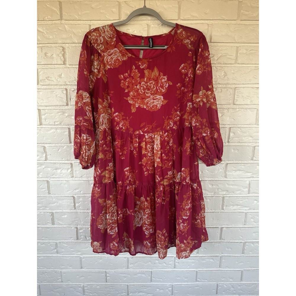 Sassafras Dress Size Large Pink & Orange Floral Tiered